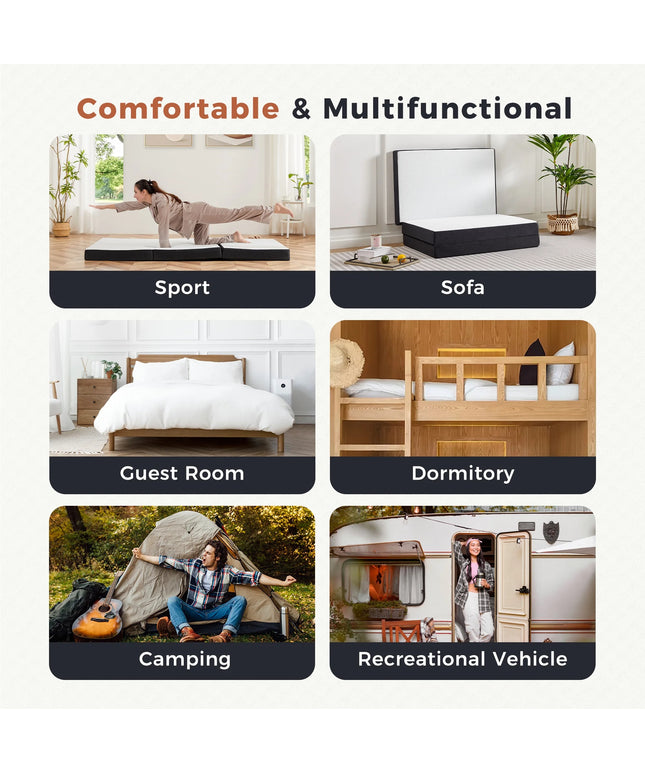 JONPONY Folding Mattress, 4 inch Tri-fold Memory Foam Mattress Topper for Camping, Foldable Mattress Topper with Washable Cover, Single Size, White, Perfect for Guests or Travelers