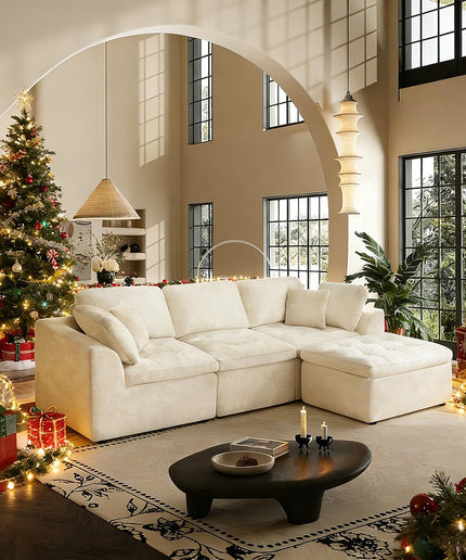 JONPONY 110" Cloud Sectional Couch for Living Room, Upholstered L-Shape Modular Sofa with Movable Ottoman, 3-Seater Deep-Seat Foam Couch, Comfortable Convertible Sectional for Home & Apartment（Beige）