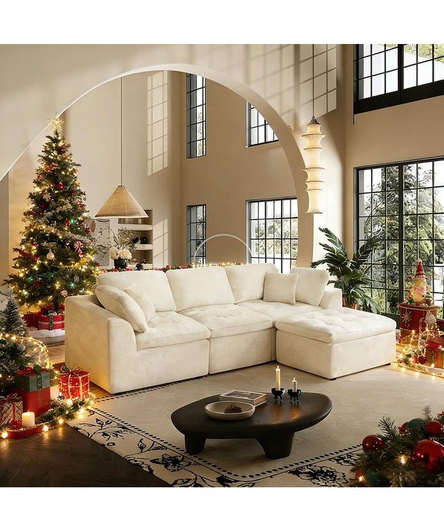 JONPONY 110" Cloud Sectional Couch for Living Room, Upholstered L-Shape Modular Sofa with Movable Ottoman, 3-Seater Deep-Seat Foam Couch, Comfortable Convertible Sectional for Home & Apartment（Beige）