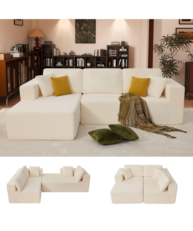 JONPONY 109” Cloud Sectional Couch, Boneless Modular Sofa with L-Shape Chaise, Deep Seat Corduroy Couch, No Assembly Required, Modern Upholstered Sectional for Living Room Apartment Bedroom