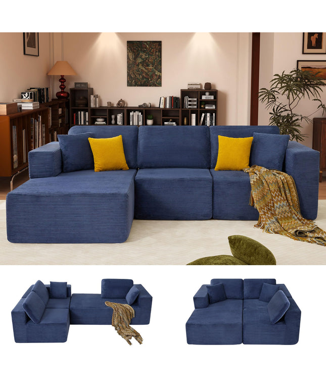 JONPONY 109” Cloud Sectional Couch, Boneless Modular Sofa with L-Shape Chaise, Deep Seat Corduroy Couch, No Assembly Required, Modern Upholstered Sectional for Living Room Apartment Bedroom