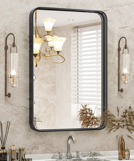 JONPONY Black Metal Arch Vanity Rounded Rectangle Bathroom Mirrors for Over Sink Wall, 22x30 Inch Large Matte Mirror, Modern Decorative for Restroom, Farmhouse