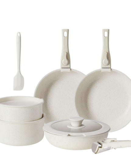 JONPONY Sweetcrispy 12 pcs Pots and Pans Set, Nonstick Kitchen Induction Cookware Suit with Detachable Handle, Dishwasher Oven Safe, Light Beige