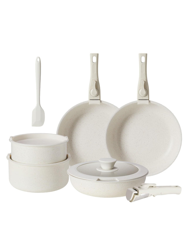 JONPONY Sweetcrispy 12 pcs Pots and Pans Set, Nonstick Kitchen Induction Cookware Suit with Detachable Handle, Dishwasher Oven Safe, Light Beige
