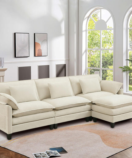 JONPONY 110" Cloud Couch Sectional with Double-Layer Seat Cushion,U Shaped Sectional Couch with Movable Ottoman, Comfy, Wide & Deep Seat Couches for Living Room, Beige