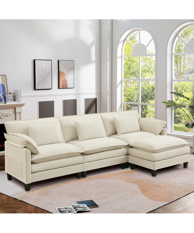 JONPONY 110" Cloud Couch Sectional with Double-Layer Seat Cushion,U Shaped Sectional Couch with Movable Ottoman, Comfy, Wide & Deep Seat Couches for Living Room, Beige