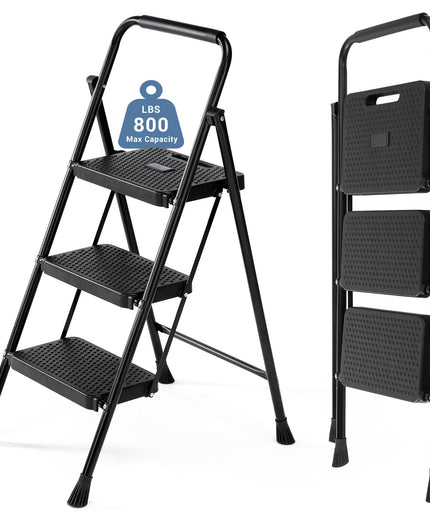 JONPONY Step Ladder, 3 Sturdy Step Stool with Anti-Slip Pedal & Comfortable Handrail, Portable Heavy Duty Step Stool for Kitchen, Garage & Outdoor Use, 800lbs