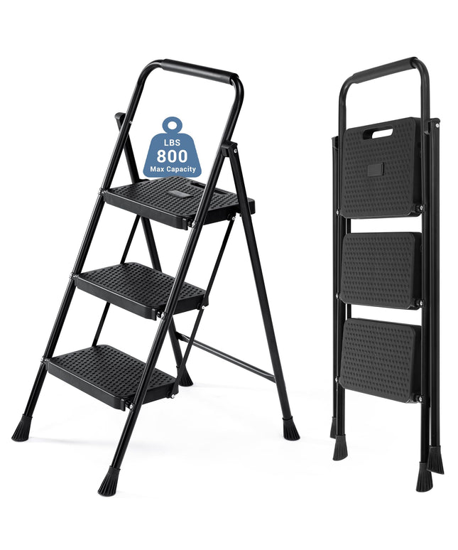 JONPONY Step Ladder, 3 Sturdy Step Stool with Anti-Slip Pedal & Comfortable Handrail, Portable Heavy Duty Step Stool for Kitchen, Garage & Outdoor Use, 800lbs