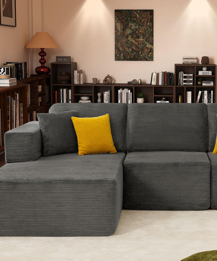 JONPONY 109” Cloud Sectional Couch, Boneless Modular Sofa with L-Shape Chaise, Deep Seat Corduroy Couch, No Assembly Required, Modern Upholstered Sectional for Living Room Apartment Bedroom