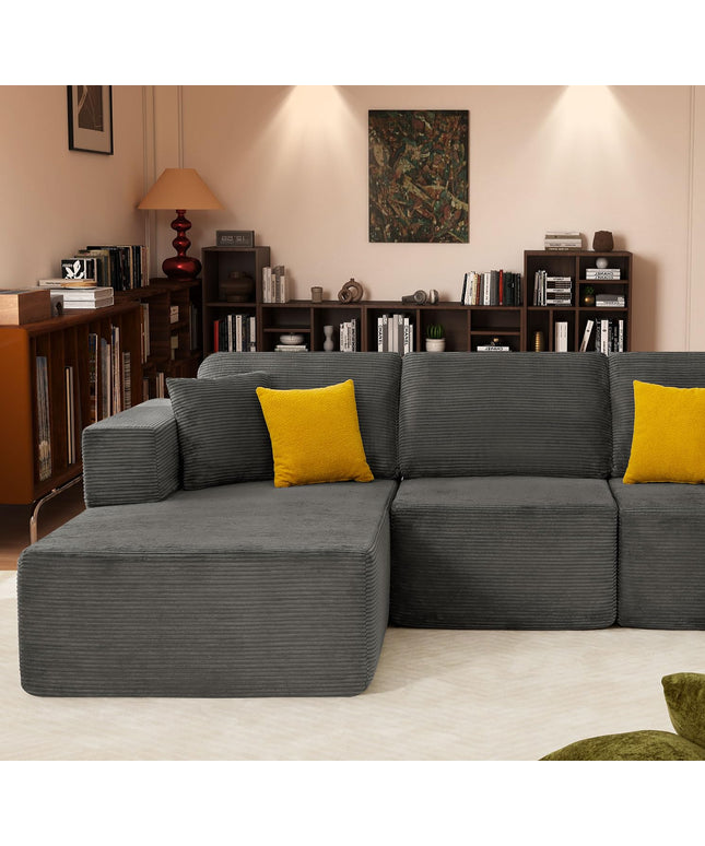 JONPONY 109” Cloud Sectional Couch, Boneless Modular Sofa with L-Shape Chaise, Deep Seat Corduroy Couch, No Assembly Required, Modern Upholstered Sectional for Living Room Apartment Bedroom