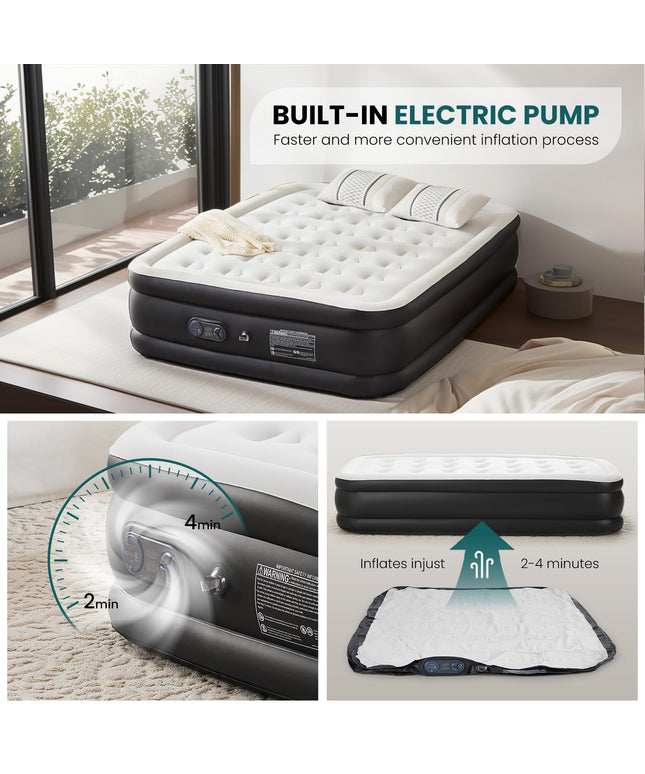 JONPONY Air Mattress - Inflatable Blow Up Airbed with Built-in High Capacity Pump, Double Height, Non-Slip Bottom Design, Weight Capacity 660 lbs Air Bed for Home or Camping