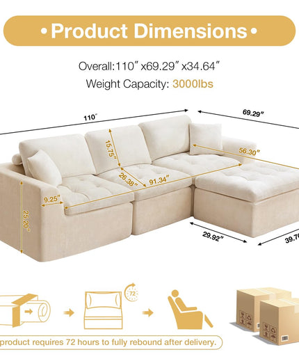 JONPONY 110" Cloud Sectional Couch for Living Room, Upholstered L-Shape Modular Sofa with Movable Ottoman, 3-Seater Deep-Seat Foam Couch, Comfortable Convertible Sectional for Home & Apartment（Beige）