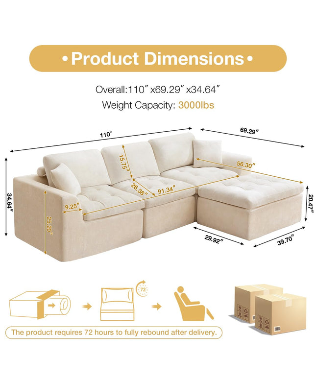 JONPONY 110" Cloud Sectional Couch for Living Room, Upholstered L-Shape Modular Sofa with Movable Ottoman, 3-Seater Deep-Seat Foam Couch, Comfortable Convertible Sectional for Home & Apartment（Beige）
