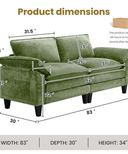 JONPONY 83" Loveseat Sofa,Cloud Couch for Living Room,Comfy Love Seat with Double Cushion,2 Pillows,Removable Cover for Bedroom, Apartment and Office, Green