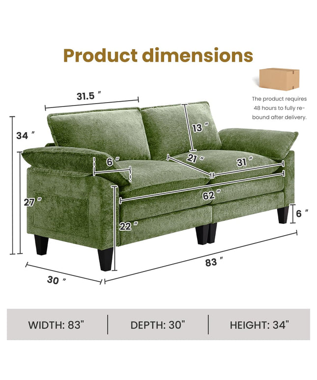 JONPONY 83" Loveseat Sofa,Cloud Couch for Living Room,Comfy Love Seat with Double Cushion,2 Pillows,Removable Cover for Bedroom, Apartment and Office, Green