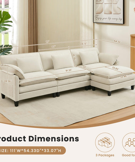 JONPONY 110" Cloud Couch Sectional with Double-Layer Seat Cushion,U Shaped Sectional Couch with Movable Ottoman, Comfy, Wide & Deep Seat Couches for Living Room, Beige