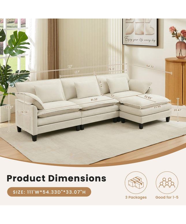 JONPONY 110" Cloud Couch Sectional with Double-Layer Seat Cushion,U Shaped Sectional Couch with Movable Ottoman, Comfy, Wide & Deep Seat Couches for Living Room, Beige