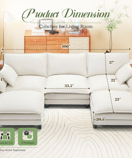 Jonpony Modular Sectional Sofa, Comfy Cloud Couch with Movable Ottoman, Deep Seat Couches for Living Room, Bedroom and Apartment, 106" U Shaped Modern Sofa with Pillows, Beige
