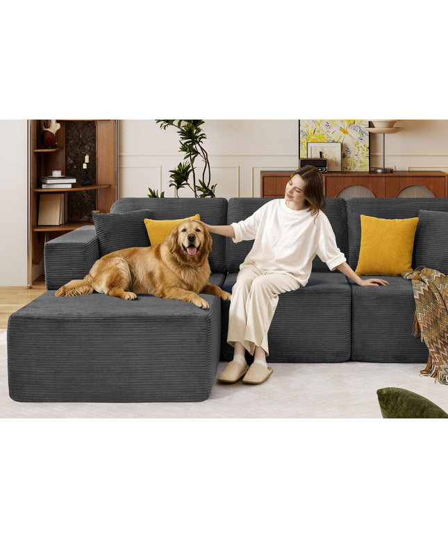 JONPONY 109” Cloud Sectional Couch, Boneless Modular Sofa with L-Shape Chaise, Deep Seat Corduroy Couch, No Assembly Required, Modern Upholstered Sectional for Living Room Apartment Bedroom