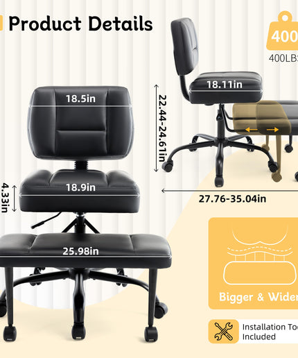 JONPONY Cross Legged Chair with Wheels, Swivel Meditation Chair for ADHD, Height Adjustable Yoga Office Chair, Meditation Chair with Lumbar Support, Home Office Kneeling Chair，Black