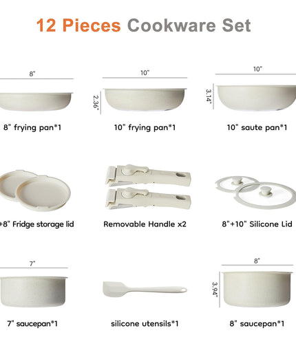 JONPONY Sweetcrispy 12 pcs Pots and Pans Set, Nonstick Kitchen Induction Cookware Suit with Detachable Handle, Dishwasher Oven Safe, Light Beige