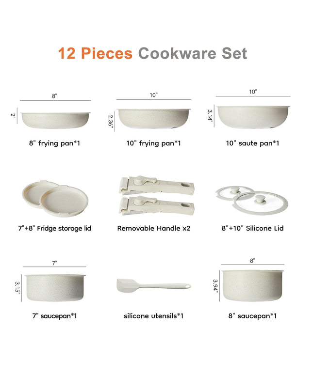 JONPONY Sweetcrispy 12 pcs Pots and Pans Set, Nonstick Kitchen Induction Cookware Suit with Detachable Handle, Dishwasher Oven Safe, Light Beige