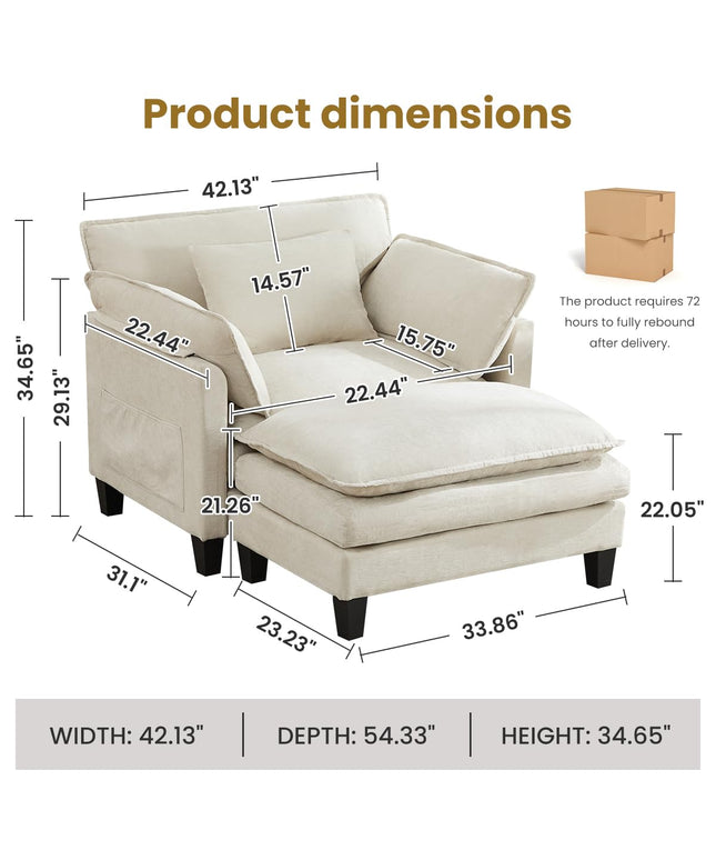 Jonpony Oversized Accent Chair with Ottoman Double-Layer Seat Cushion for Spacious Living Room, Modern Accent Chair with Removable Ottoman for Bedroom, Soft Durable Fabric Sturdy Backrest Home Office,Beige