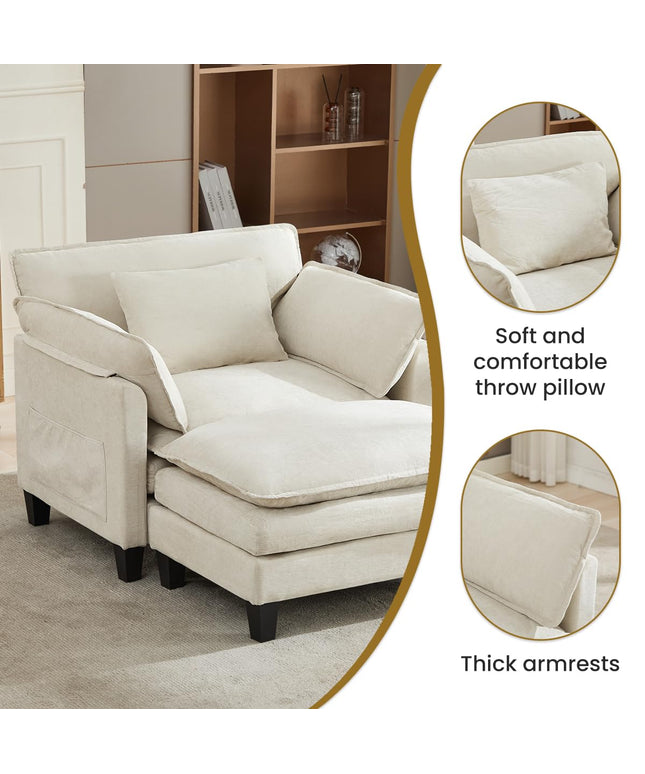 Jonpony Oversized Accent Chair with Ottoman Double-Layer Seat Cushion for Spacious Living Room, Modern Accent Chair with Removable Ottoman for Bedroom, Soft Durable Fabric Sturdy Backrest Home Office,Beige