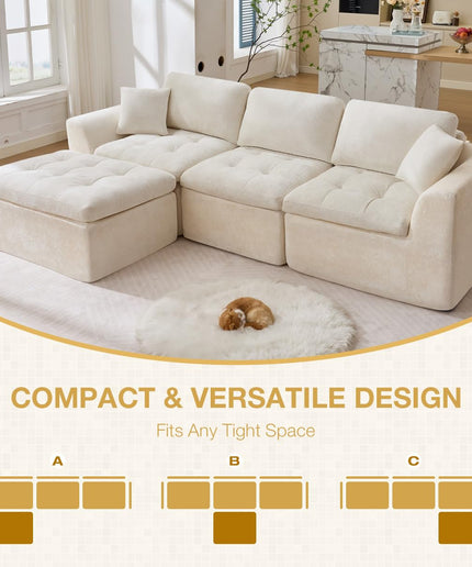 JONPONY 110" Cloud Sectional Couch for Living Room, Upholstered L-Shape Modular Sofa with Movable Ottoman, 3-Seater Deep-Seat Foam Couch, Comfortable Convertible Sectional for Home & Apartment（Beige）
