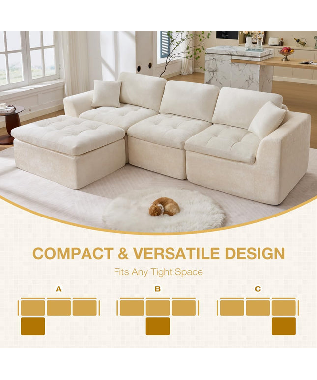 JONPONY 110" Cloud Sectional Couch for Living Room, Upholstered L-Shape Modular Sofa with Movable Ottoman, 3-Seater Deep-Seat Foam Couch, Comfortable Convertible Sectional for Home & Apartment（Beige）