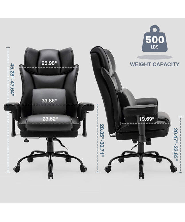 JONPONY Big and Tall Office Chair, 500lbs Rocking Massage High Back Desk Chair, Ergonomic Executive Office Chair with Adjustable Padded Armrest and Lumbar Support, Adjustable Height(Dark Black)