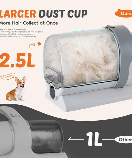 JONPONY professional Pet Grooming Vacuum Kit, 2.5L Cup, 3 Suction Modes, and 5 Groomer Tools with Cordless Low Noise Dog Clippers for Cats, Other Animals Hair Trimmer, Gray