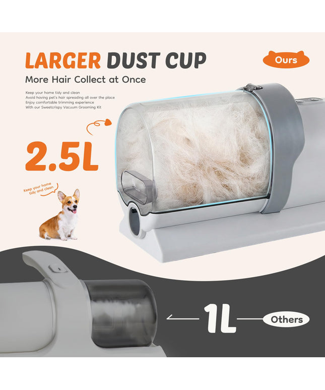 JONPONY professional Pet Grooming Vacuum Kit, 2.5L Cup, 3 Suction Modes, and 5 Groomer Tools with Cordless Low Noise Dog Clippers for Cats, Other Animals Hair Trimmer, Gray