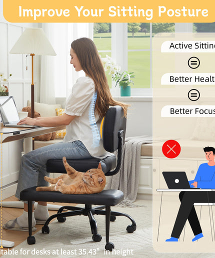 JONPONY Cross Legged Chair with Wheels, Swivel Meditation Chair for ADHD, Height Adjustable Yoga Office Chair, Meditation Chair with Lumbar Support, Home Office Kneeling Chair，Black