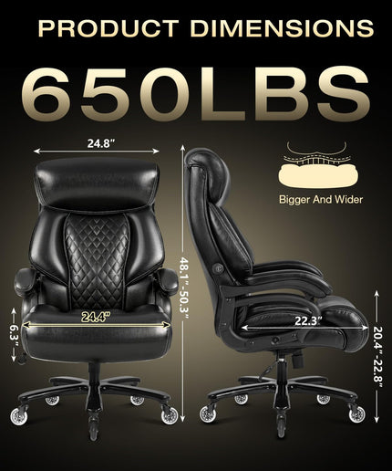 Jonpony 650lbs Big and Tall Office Chair,Heavy Duty Office Chair for Heavy People,High Back Executive Desk Chair with Lumbar Support for Home Office, Black