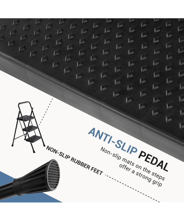 JONPONY Step Ladder, 3 Sturdy Step Stool with Anti-Slip Pedal & Comfortable Handrail, Portable Heavy Duty Step Stool for Kitchen, Garage & Outdoor Use, 800lbs