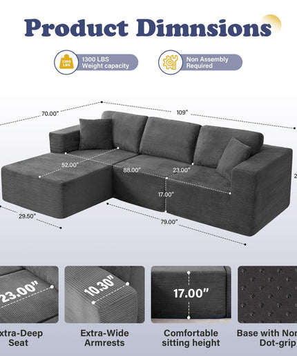 JONPONY 109” Cloud Sectional Couch, Boneless Modular Sofa with L-Shape Chaise, Deep Seat Corduroy Couch, No Assembly Required, Modern Upholstered Sectional for Living Room Apartment Bedroom