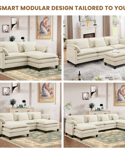 JONPONY 110" Cloud Couch Sectional with Double-Layer Seat Cushion,U Shaped Sectional Couch with Movable Ottoman, Comfy, Wide & Deep Seat Couches for Living Room, Beige