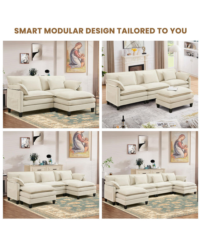 JONPONY 110" Cloud Couch Sectional with Double-Layer Seat Cushion,U Shaped Sectional Couch with Movable Ottoman, Comfy, Wide & Deep Seat Couches for Living Room, Beige