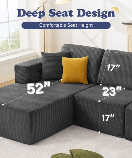 JONPONY 109” Cloud Sectional Couch, Boneless Modular Sofa with L-Shape Chaise, Deep Seat Corduroy Couch, No Assembly Required, Modern Upholstered Sectional for Living Room Apartment Bedroom