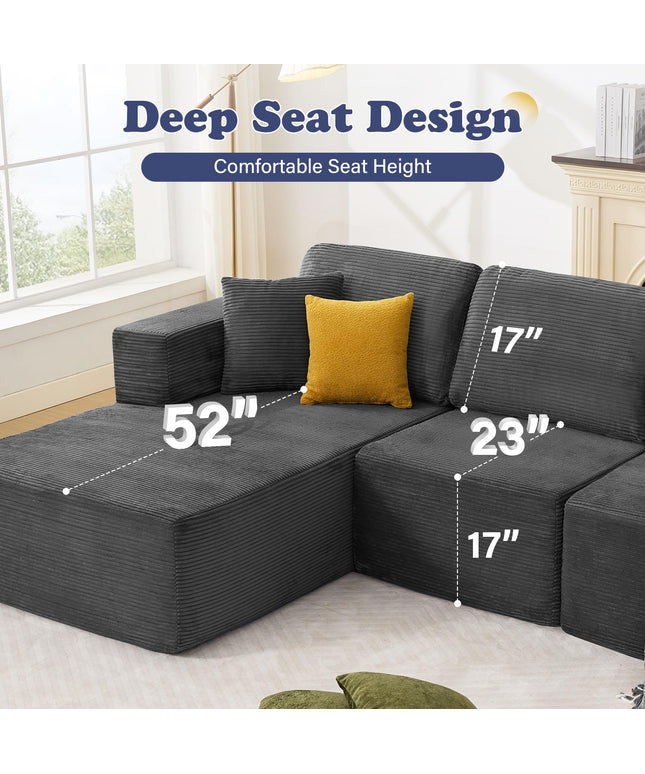 JONPONY 109” Cloud Sectional Couch, Boneless Modular Sofa with L-Shape Chaise, Deep Seat Corduroy Couch, No Assembly Required, Modern Upholstered Sectional for Living Room Apartment Bedroom