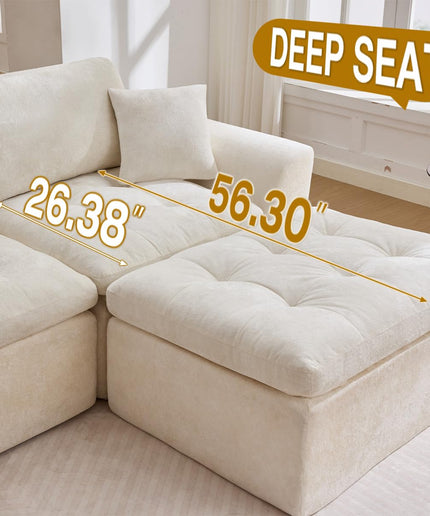 JONPONY 110" Cloud Sectional Couch for Living Room, Upholstered L-Shape Modular Sofa with Movable Ottoman, 3-Seater Deep-Seat Foam Couch, Comfortable Convertible Sectional for Home & Apartment（Beige）