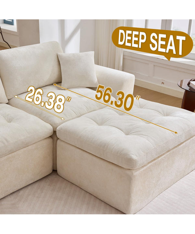JONPONY 110" Cloud Sectional Couch for Living Room, Upholstered L-Shape Modular Sofa with Movable Ottoman, 3-Seater Deep-Seat Foam Couch, Comfortable Convertible Sectional for Home & Apartment（Beige）