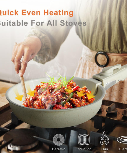 JONPONY Sweetcrispy 12 pcs Pots and Pans Set, Nonstick Kitchen Induction Cookware Suit with Detachable Handle, Dishwasher Oven Safe, Light Beige