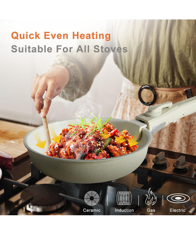 JONPONY Sweetcrispy 12 pcs Pots and Pans Set, Nonstick Kitchen Induction Cookware Suit with Detachable Handle, Dishwasher Oven Safe, Light Beige