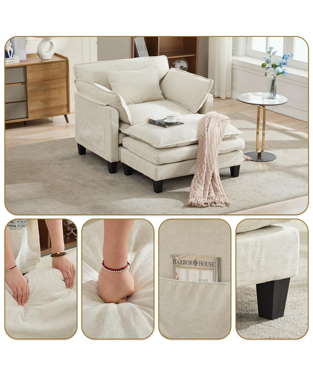 Jonpony Oversized Accent Chair with Ottoman Double-Layer Seat Cushion for Spacious Living Room, Modern Accent Chair with Removable Ottoman for Bedroom, Soft Durable Fabric Sturdy Backrest Home Office,Beige