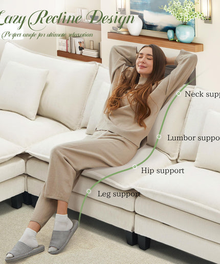 Jonpony Modular Sectional Sofa, Comfy Cloud Couch with Movable Ottoman, Deep Seat Couches for Living Room, Bedroom and Apartment, 106" U Shaped Modern Sofa with Pillows, Beige