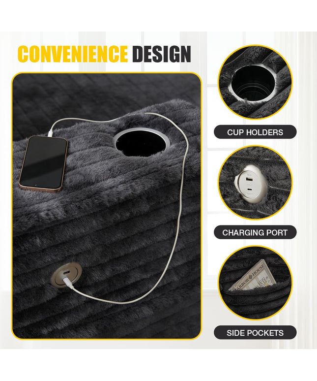 Jonpony 66'' Chaise Lounge Chair Soft Velvet Upholstery for Living Room,Oversized Lounge Chair Includes Cup Holders Side Pockets and USB & Type-C Charging Ports, Comfy Lounge with Sturdy Backrest