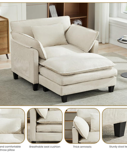 Jonpony Oversized Accent Chair with Ottoman Double-Layer Seat Cushion for Spacious Living Room, Modern Accent Chair with Removable Ottoman for Bedroom, Soft Durable Fabric Sturdy Backrest Home Office,Beige