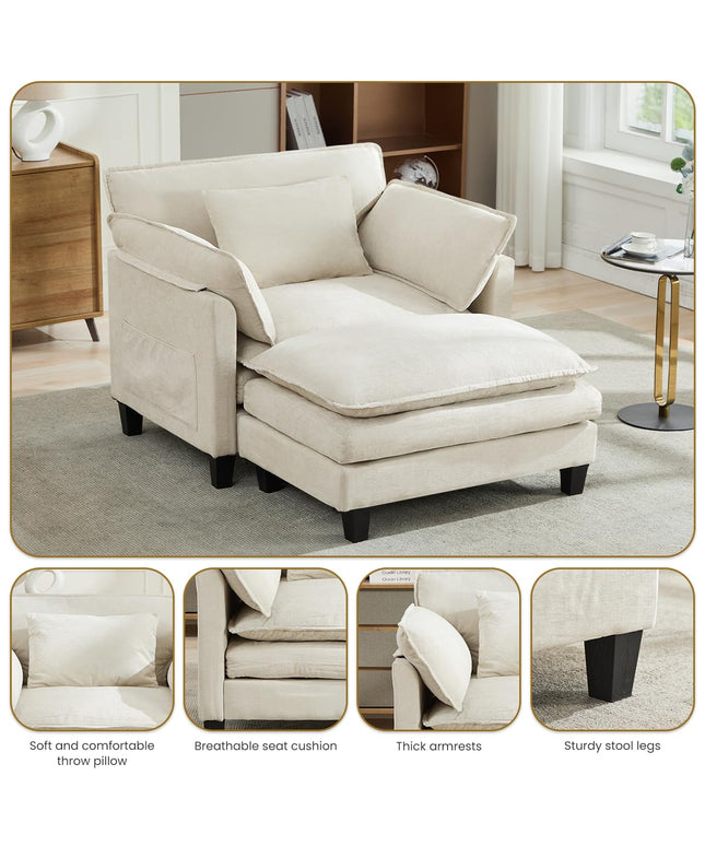 Jonpony Oversized Accent Chair with Ottoman Double-Layer Seat Cushion for Spacious Living Room, Modern Accent Chair with Removable Ottoman for Bedroom, Soft Durable Fabric Sturdy Backrest Home Office,Beige